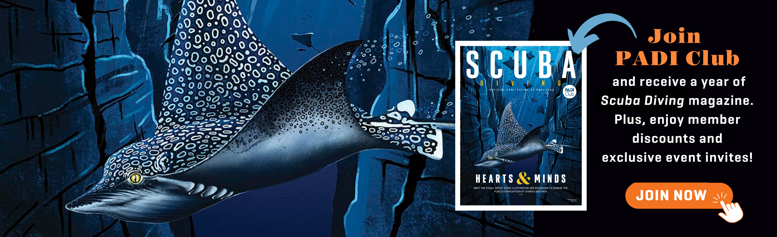 join padi club illustration of eagle ray and the cover of scuba diving magazine
